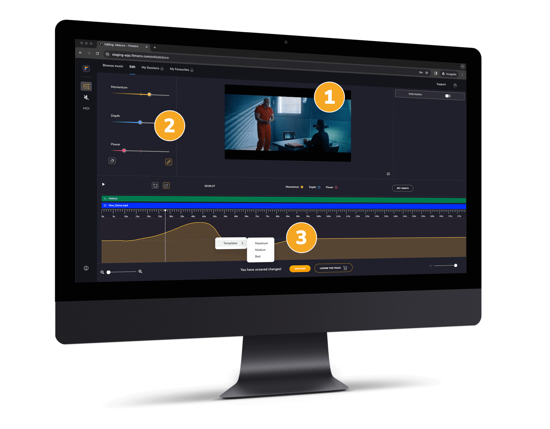 3 areas of the Filmstro app for viewing video, editing music using the sliders and making edits on the timeline