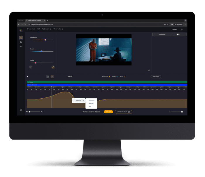 Editing royalty free music in the Filmstro app timeline