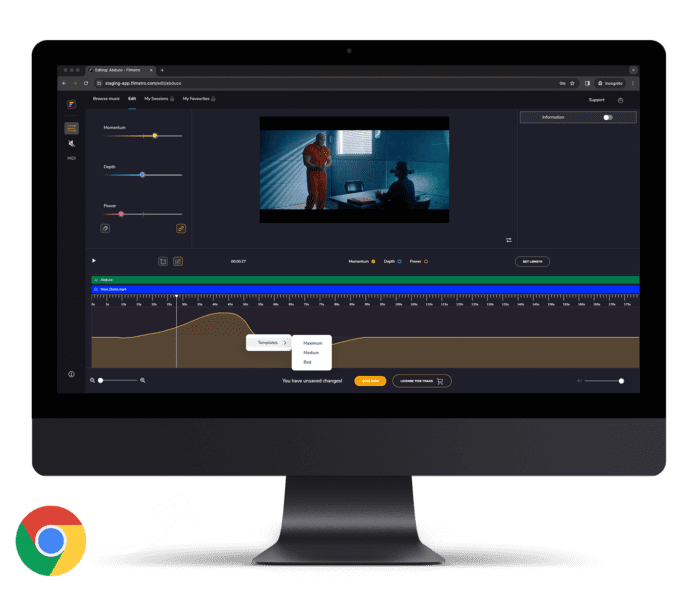 Editing royalty free music in the Filmstro app timeline